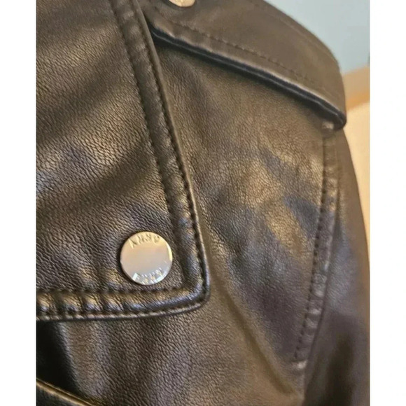 DKNY Asymmetrical Moto Black Leather Jacket  Accent Zippers Snap Detail Small - Picture 5 of 7